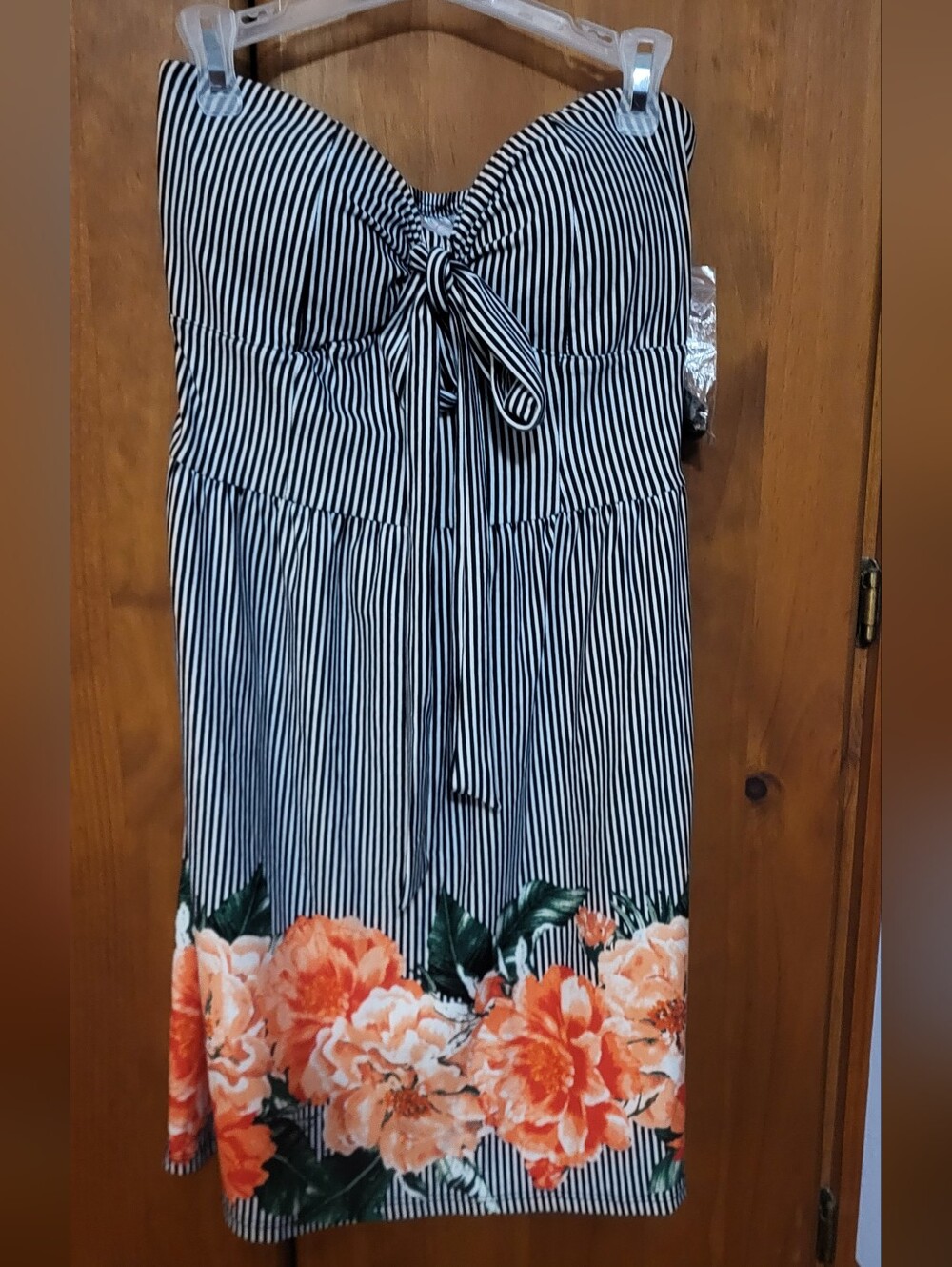 Black & White Striped With Coral Floral Accent Mini Sundress 3/5 Brand New